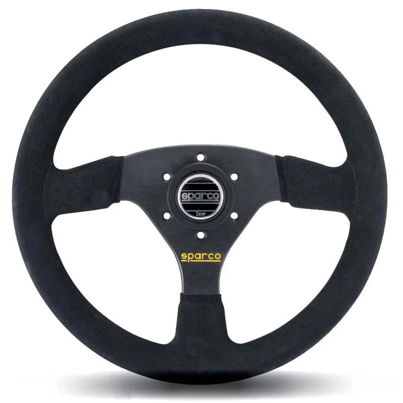 Sparco 323 three-spoke steering wheel wrapped in black suede with a flat profile.