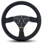 Sparco 323 three-spoke steering wheel wrapped in black suede with a flat profile.