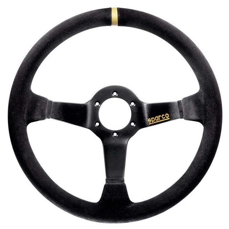 Sparco 325 three-spoke competition steering wheel wrapped in black suede.