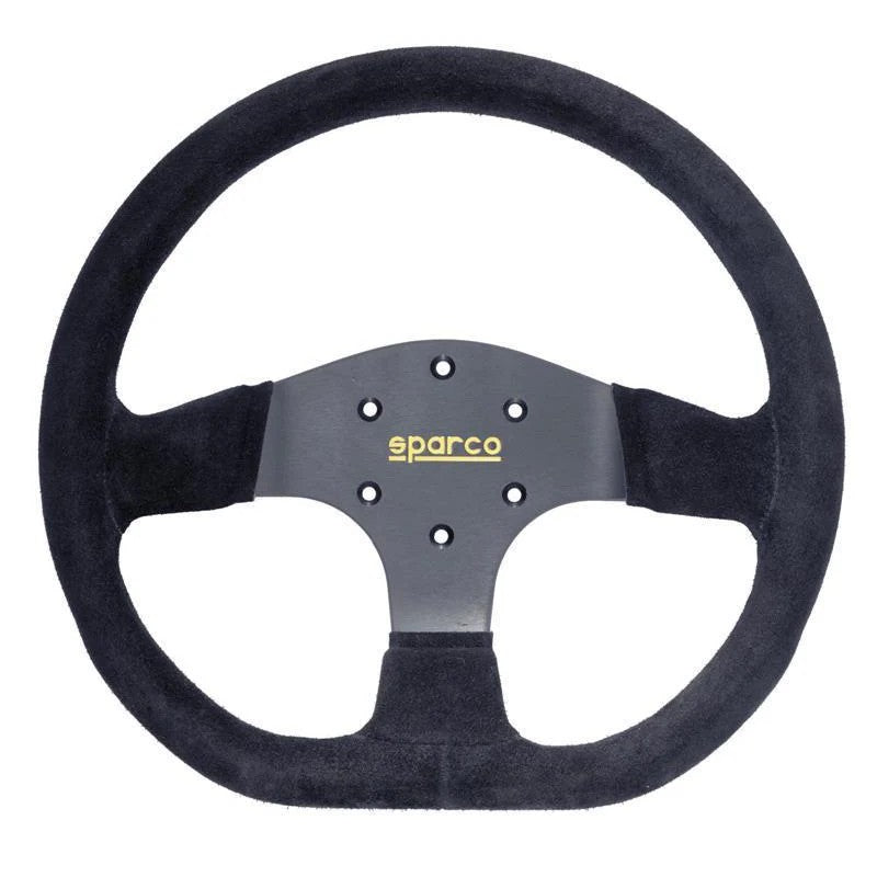 Sparco 353 series competition steering wheel featuring a black suede grip and three-spoke center.