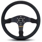 Sparco 375 three-spoke performance steering wheel wrapped in black suede with a standard 6-bolt mounting pattern.