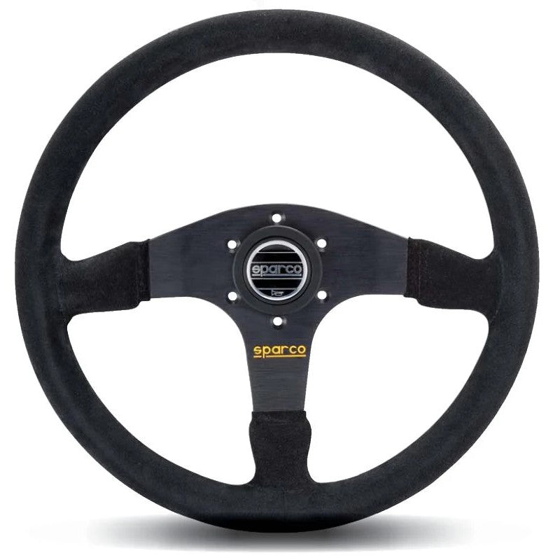 Sparco 375 three-spoke performance steering wheel wrapped in black suede with a standard 6-bolt mounting pattern.