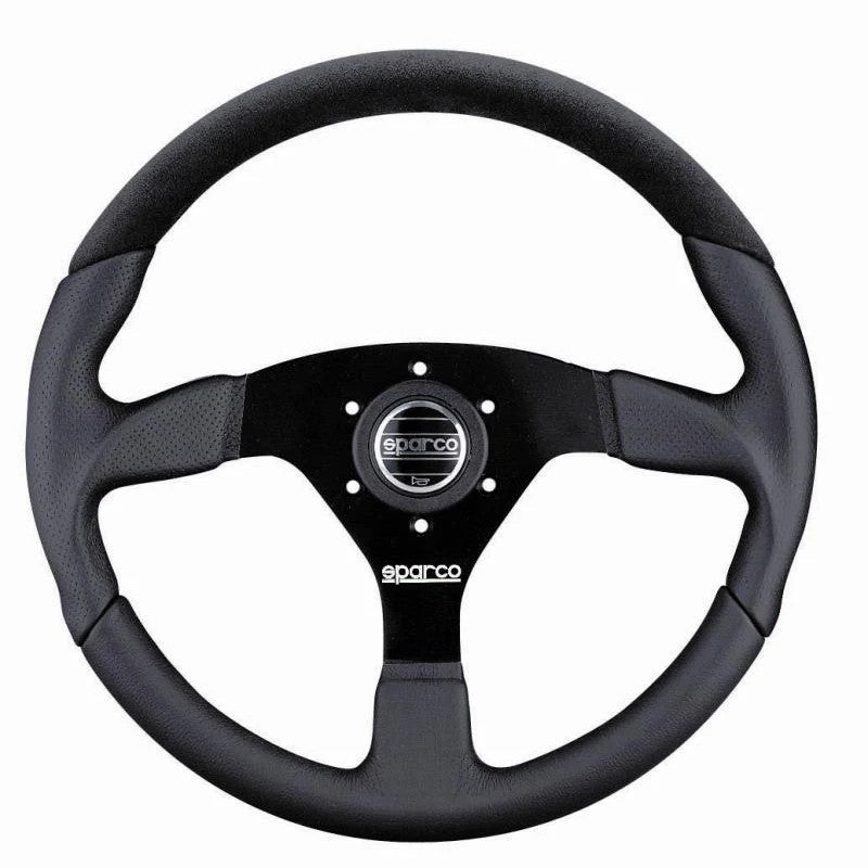 Sparco L505 Lap 5 three-spoke steering wheel in black leather and suede with anatomical grips and 350mm diameter.