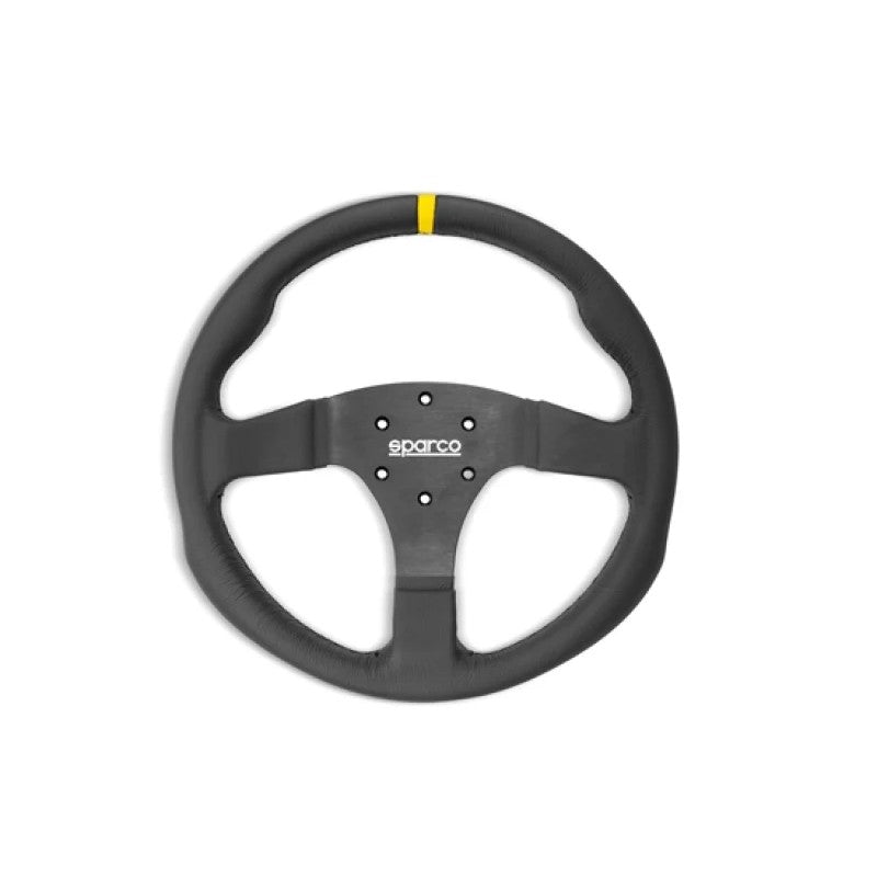 Sparco R330 330mm steering wheel with black leather grip and black three-spoke aluminum center.