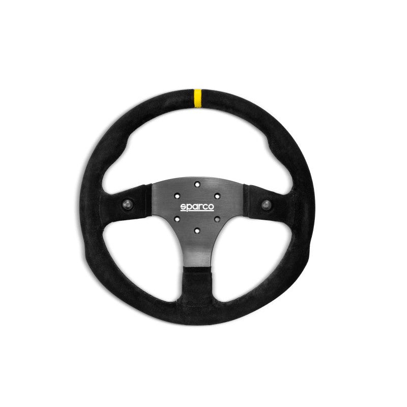 Sparco R350 three-spoke steering wheel with a black suede-wrapped grip.