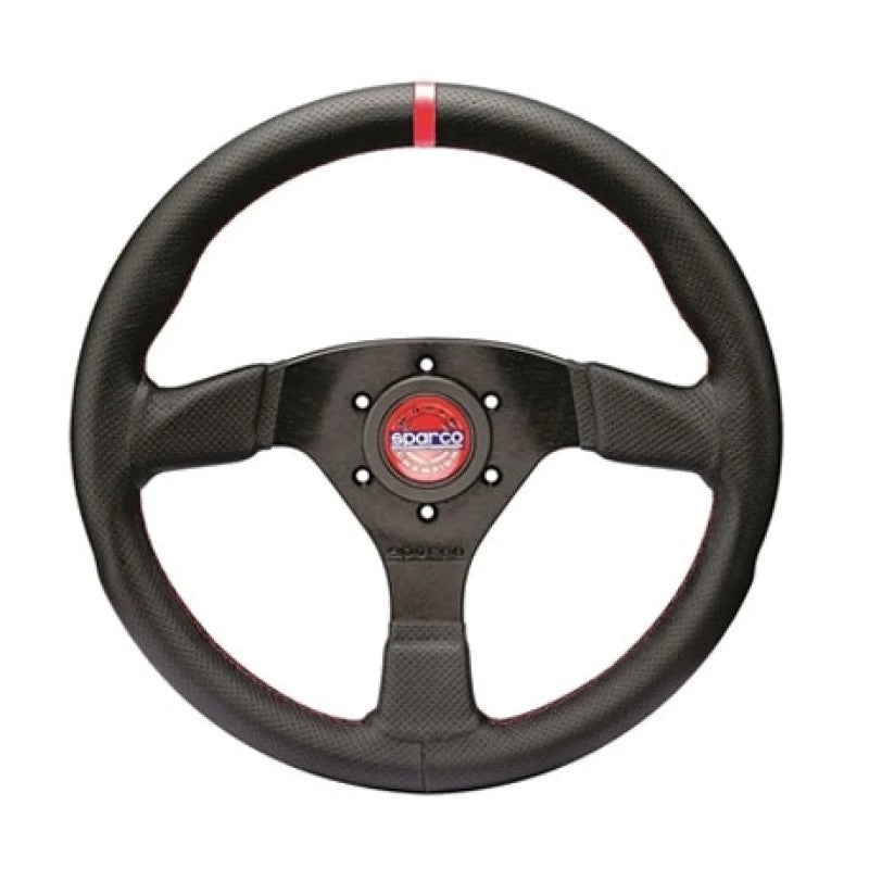 Sparco R383 Champion steering wheel featuring black leather wrap with contrast red stitching and a three-spoke design.