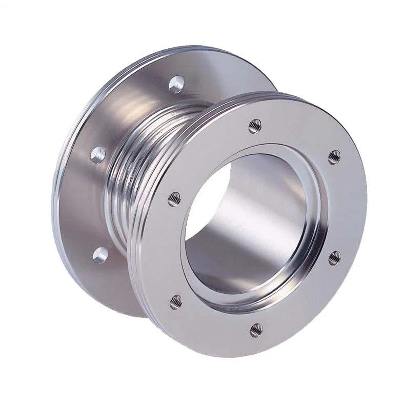 Machined silver aluminum Sparco steering wheel spacer with a 6-bolt mounting pattern.