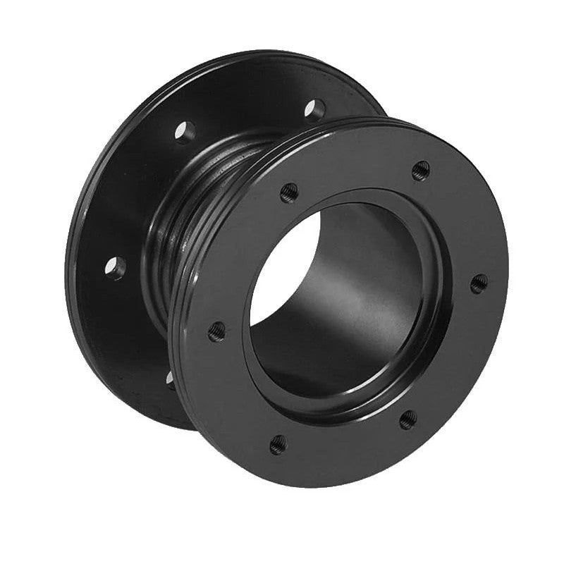 Black Sparco steering wheel spacer showing the 6-bolt mounting pattern and aluminum construction