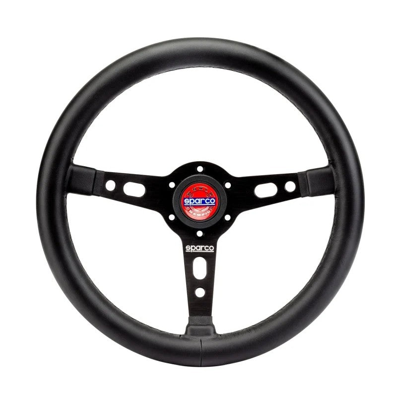 Sparco Targa 350 black leather three-spoke steering wheel with a 350mm diameter.