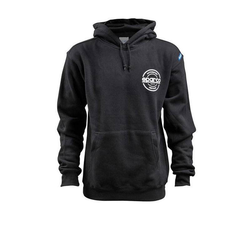Black Sparco S-Seal hooded sweatshirt with the S-Seal graphic on the chest.
