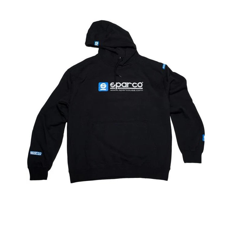 Black Sparco hooded sweatshirt with white Sparco logo graphic, size extra large
