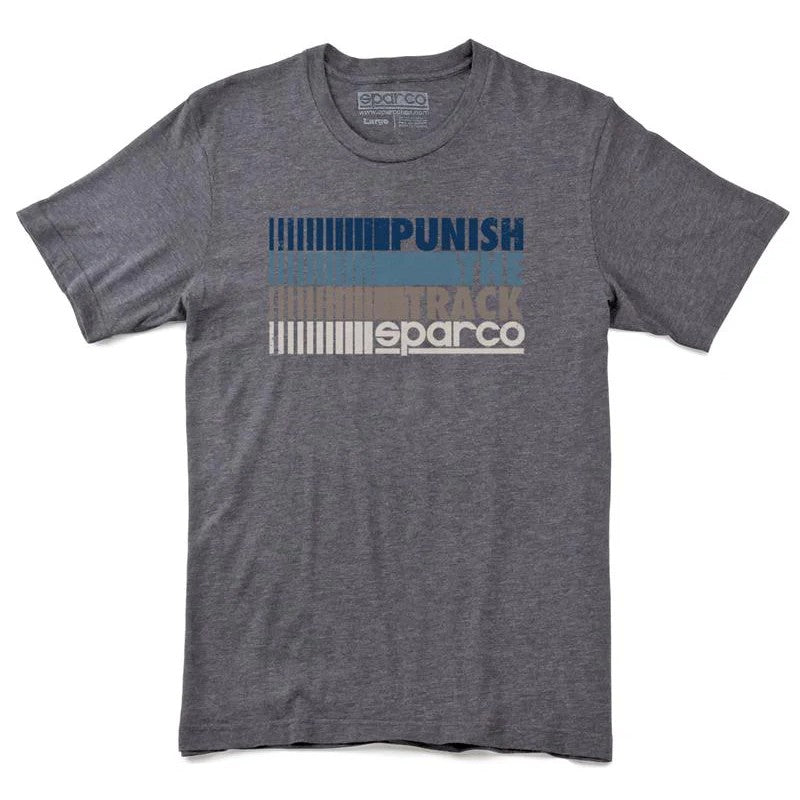 Medium Sparco Punish series graphic T-shirt in gray with screen-printed motorsport design.