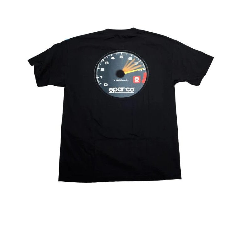 Black Sparco T-shirt with tachometer-inspired graphic design in size Extra Large.