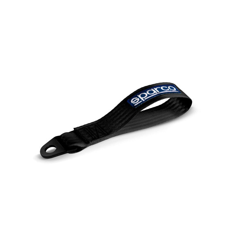 Sparco black high-strength polyester tow strap with a steel bolt-on mounting bracket.