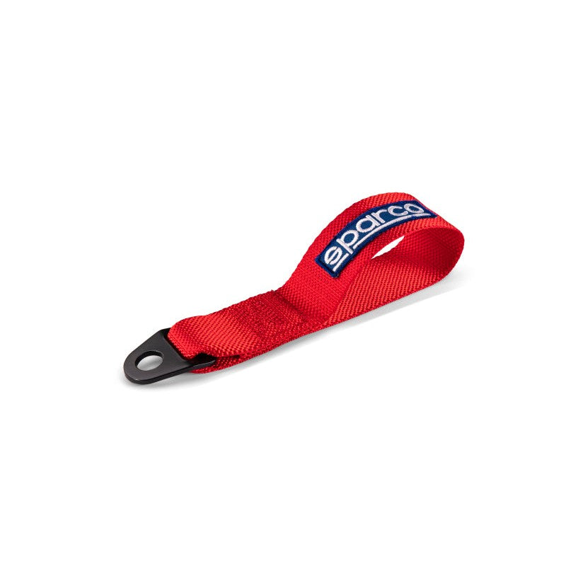Red Sparco FIA approved fabric tow strap with embroidered logo and steel mounting eyelet.