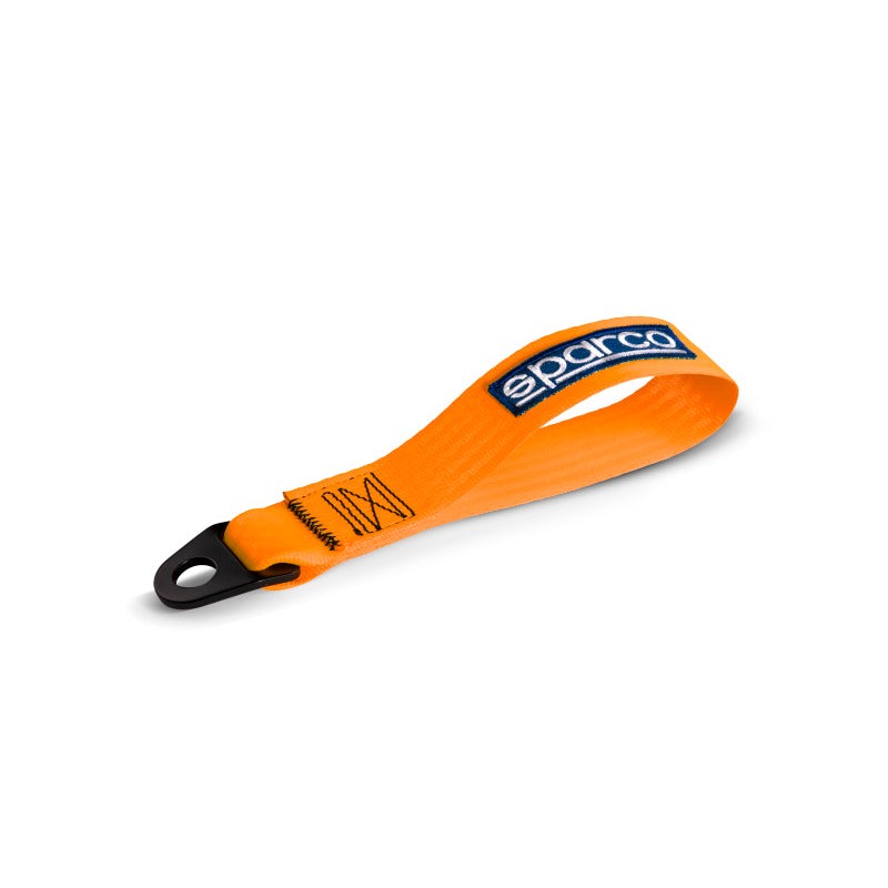 Orange Sparco fabric racing tow strap with a steel mounting eyelet and white embroidered logo.