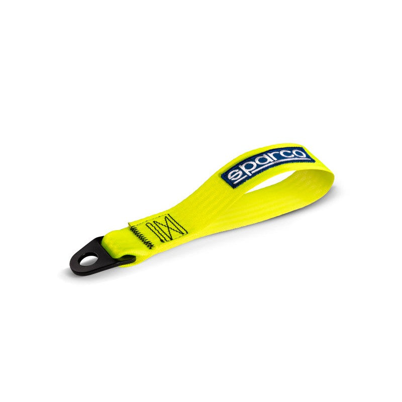 Yellow high-strength Sparco polyester racing tow strap with metal mounting bracket.