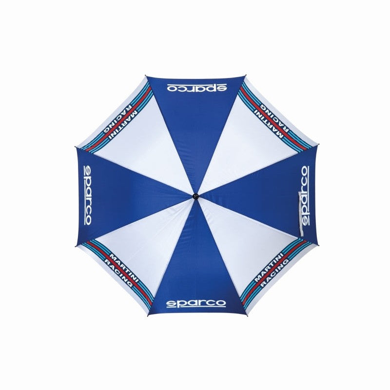 Sparco umbrella featuring the iconic Martini Racing navy, light blue, and red stripe design.