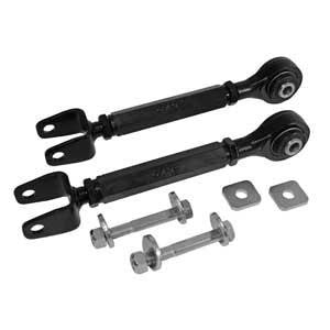SPC Performance forged steel rear adjustable camber arms with xAxis joints, toe cams, and lockout plates.