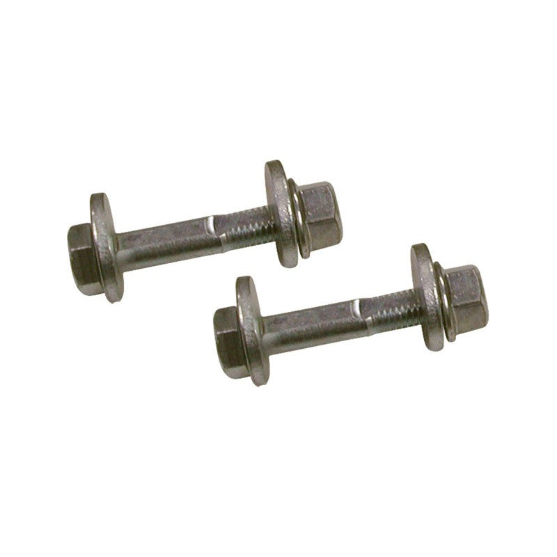 Pair of SPC Performance silver finish rear eccentric camber and toe cam bolts with nuts and washers.