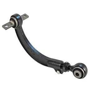 Forged steel SPC Performance adjustable rear camber arm with black finish and rubber bonded T-bar bushing.