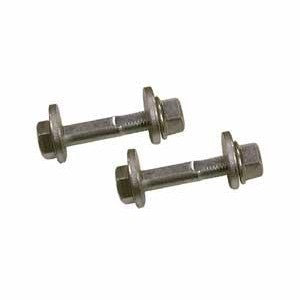 SPC Performance 72265 Rear Camber and Toe Cam Bolt Kit featuring two eccentric bolts, washers, and nuts.