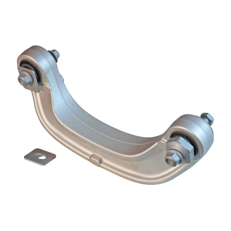 Forged aluminum SPC Performance rear adjustable camber arm with rubber bushings and mounting hardware.