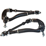 Pair of black forged steel SPC Performance adjustable upper control arms with tall greaseable ball joints for 1967-1974 GM.
