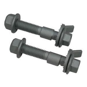 Pair of SPC Performance 81240 EZ Cam XR 10mm camber bolts with toothed washers and position markings.