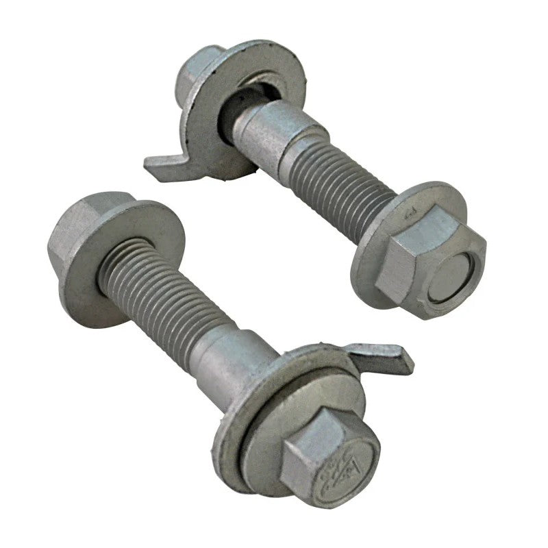Pair of SPC Performance EZ Cam XR 18mm camber adjustment bolts with silver finish and lobe orientation markings