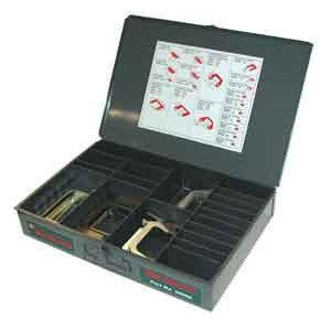 SPC Performance 36000 heavy duty truck alignment shim set in a metal organizer box with various sizes and lid chart.