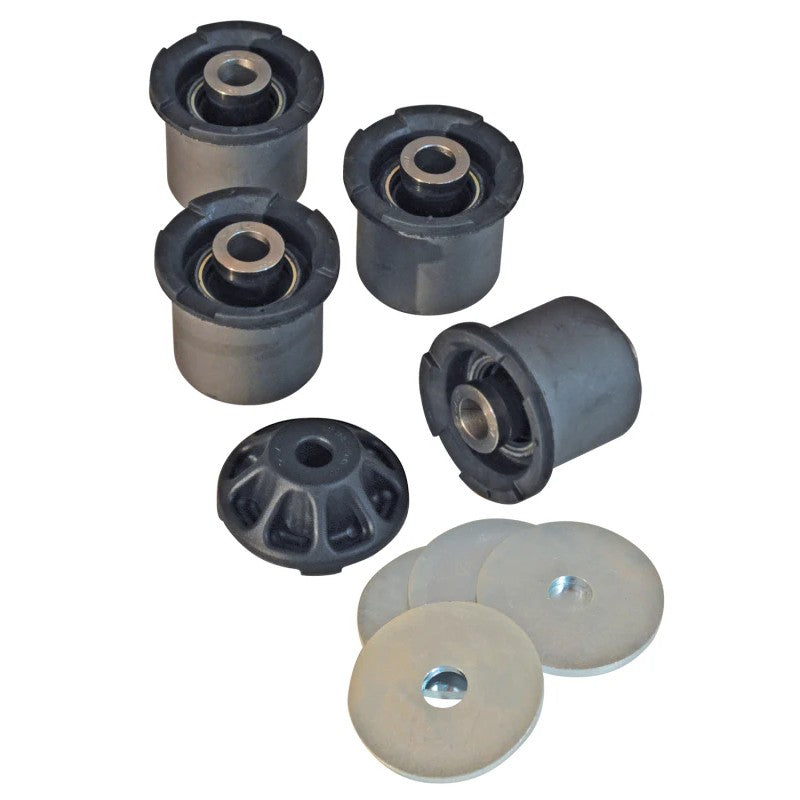 SPC Performance 25022 xAxis bushing retrofit kit featuring four sealed joints, installation washers, and press tool.
