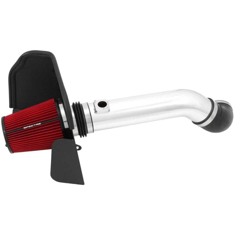 Spectre air intake kit with polished aluminum tube, black heat shield, and red cone filter for GM 2500HD/3500HD trucks.