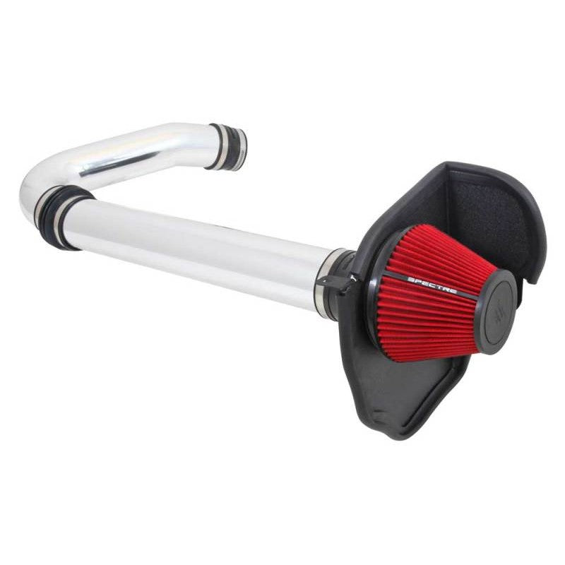 Spectre 9028 air intake kit with polished aluminum tube, red cone filter, and black powder-coated heat shield.
