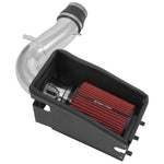 Polished aluminum air intake tube with a red cone filter and black steel heat shield.