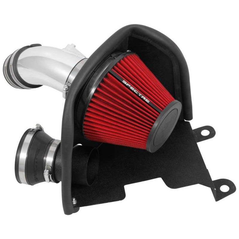 Spectre 9074 cold air intake kit with polished aluminum tubing, red filter, and black powder-coated steel heat shield.