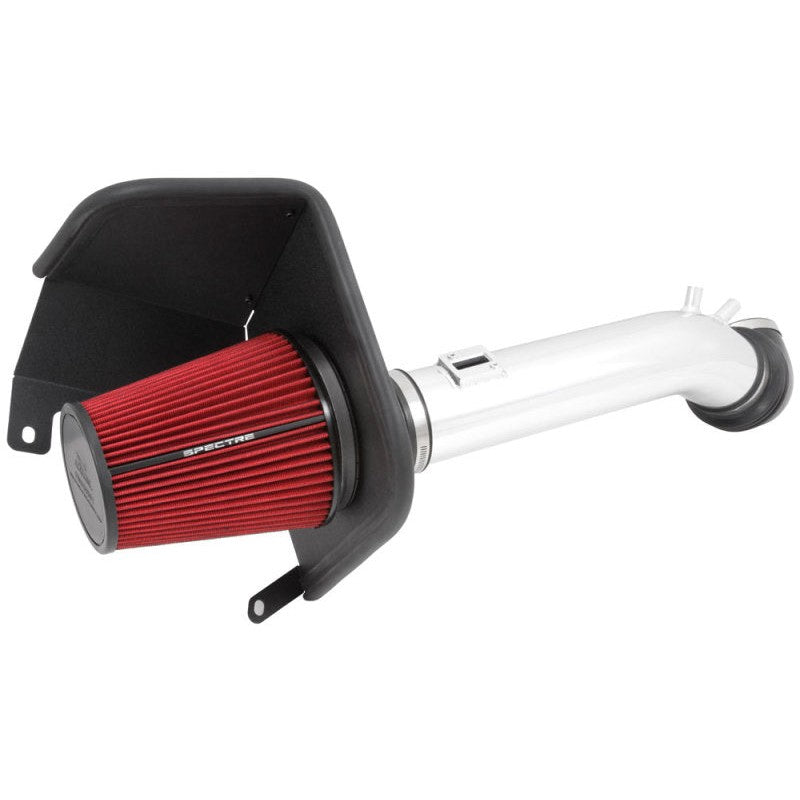 Spectre 9006 cold air intake kit featuring polished aluminum tubing, a red filter, and black powder-coated heat shield.