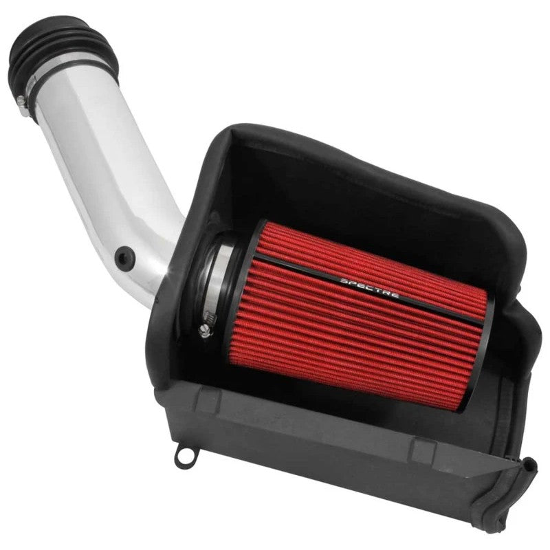 Spectre 9059 air intake kit with polished aluminum tube, red cone filter, and black 2-piece steel heat shield.