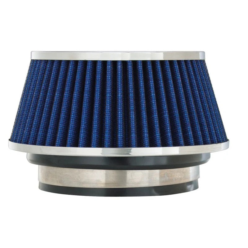 Blue Spectre HPR conical air filter with chrome top and base, 2.5 inches tall, featuring adjustable inlet adapters.