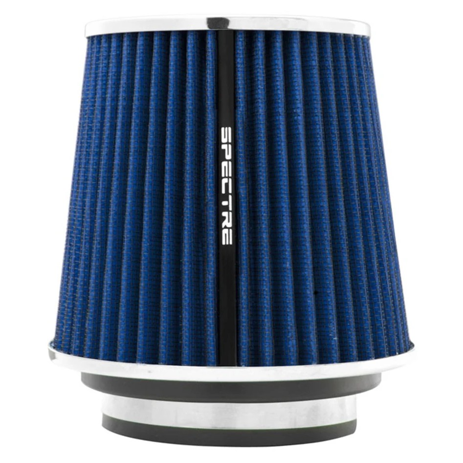Spectre 8136 blue synthetic conical air filter with chrome top, 5.5-inch height, and adapter rings.