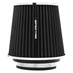 Spectre 8131 black conical air filter with chrome top and three black adapter rings for 3 to 4 inch flange diameters.