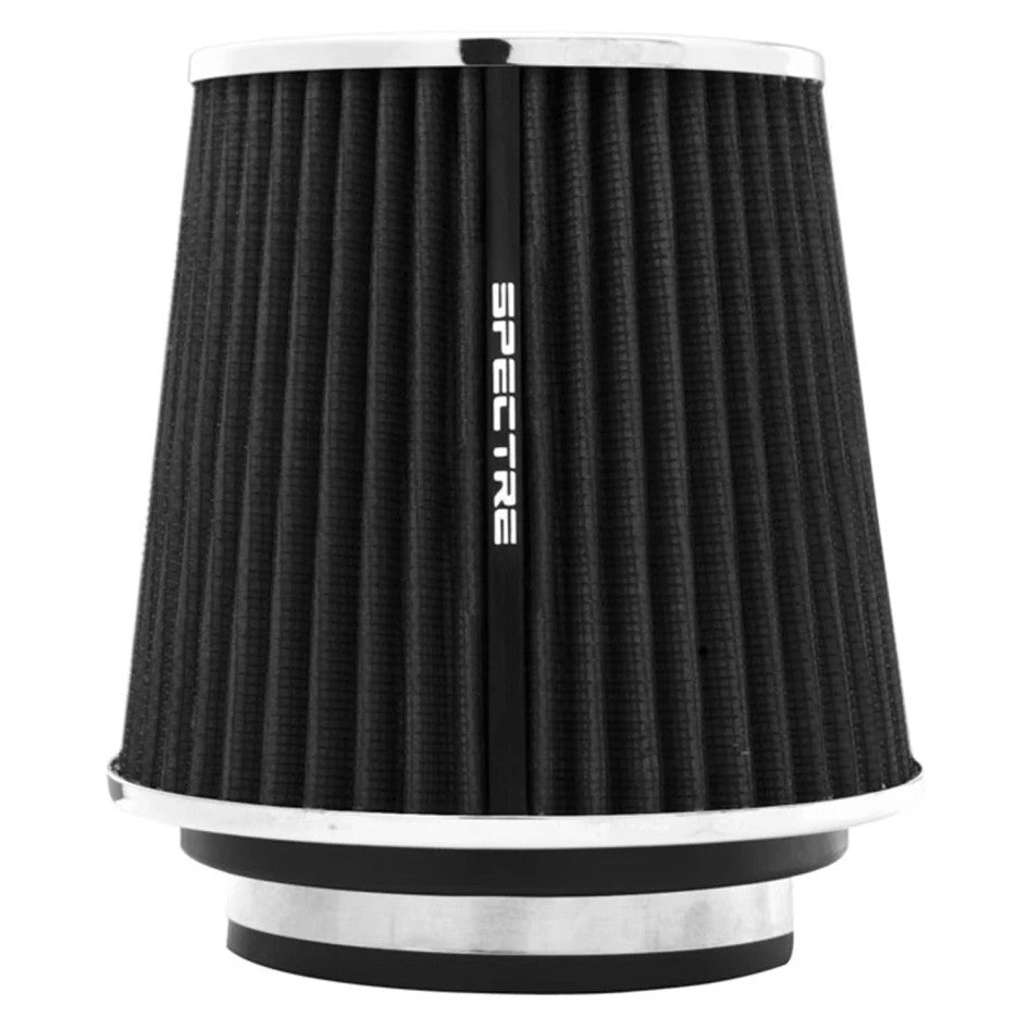 Spectre 8131 black conical air filter with chrome top and three black adapter rings for 3 to 4 inch flange diameters.