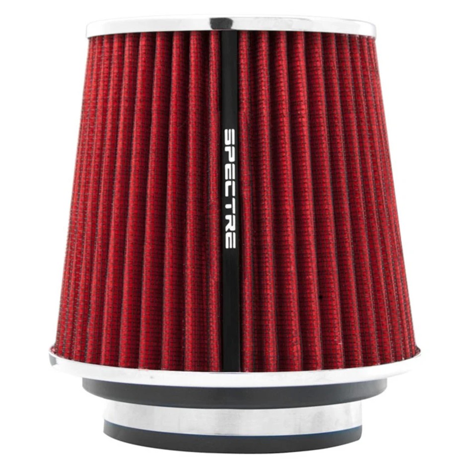 Red Spectre HPR adjustable conical air filter with steel mesh and three black adapter rings for 3, 3.5, and 4 inch tubes