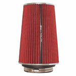 Spectre HPR red conical air filter with chrome-plated end caps and 9.5-inch height showing inverted cone top.