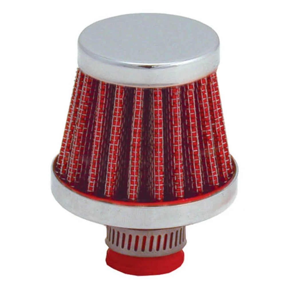 Spectre 3992 mini-cone breather filter with red synthetic media, chrome top and base, and an adjustable metal clamp.