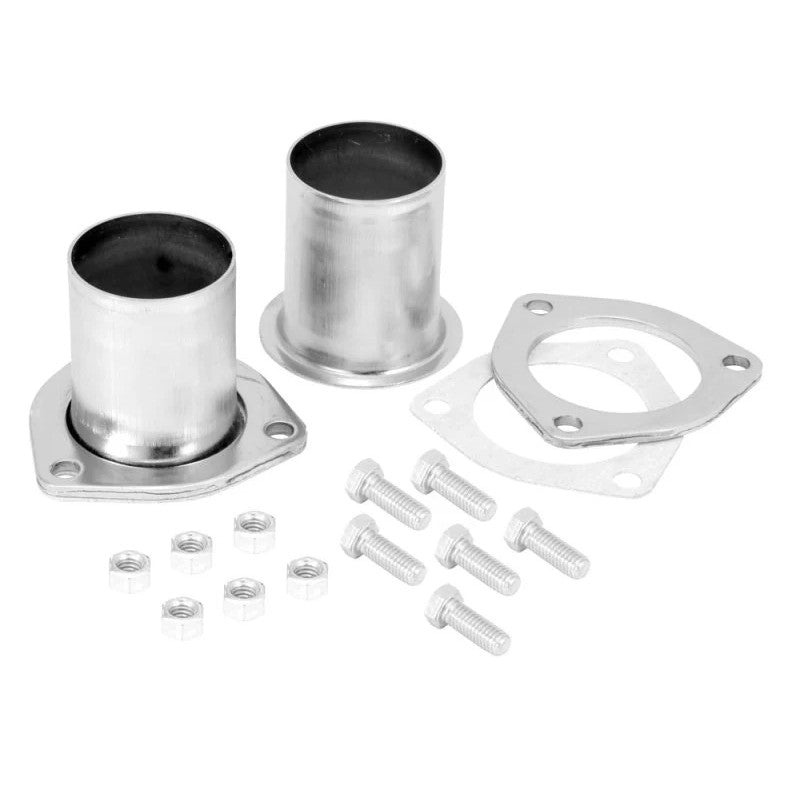 Pair of nickel-plated 3-bolt header reducers with 1/8-inch ceramic gaskets and mounting hardware.