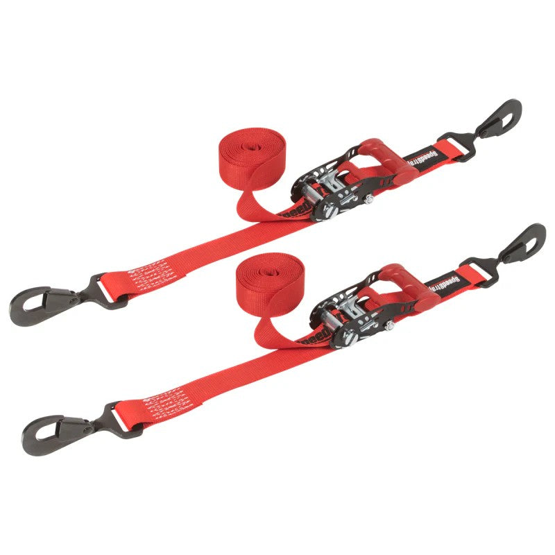 Two red SpeedStrap 1.5-inch wide ratchet tie-down straps with 10-foot webbing and steel ratchet handles.