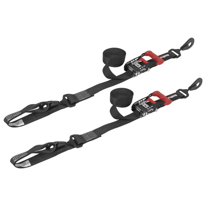 Two black SpeedStrap 1.5-inch wide ratchet tie-down straps with integrated soft-tie loops and metal ratchets.