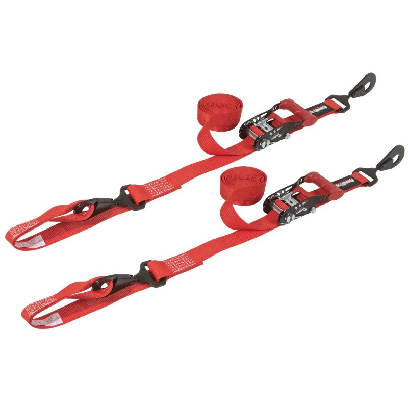 Two red 1.5-inch SpeedStrap ratchet tie-down straps with integrated soft-tie loops and metal ratchets.