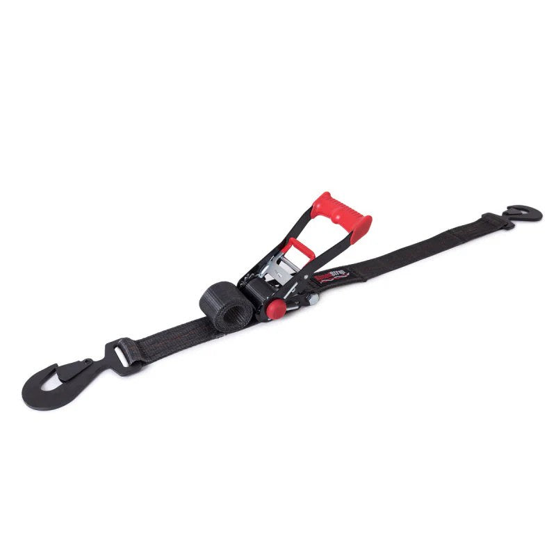Black 2-inch SpeedStrap heavy-duty over-the-tread spare tire tie-down strap showing wide webbing and ratchet hardware.